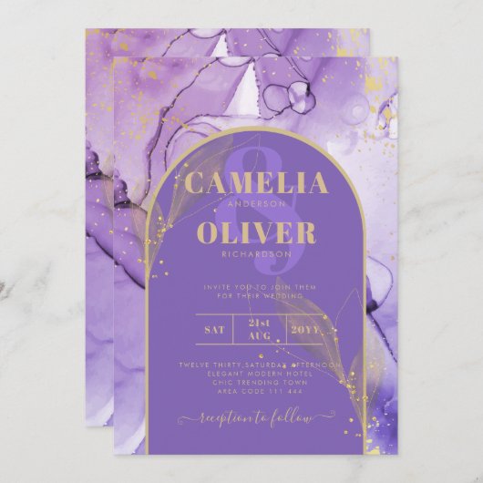 Ink Abstract PAARS GOLD Lavender Wedding INVITE Kaart (Voorkant / Achterkant)