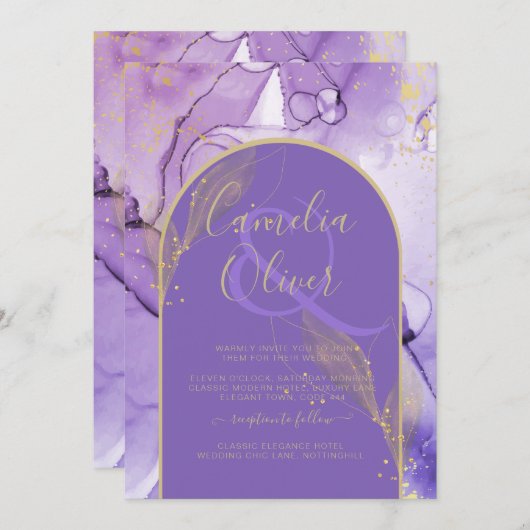 Ink Abstract PAARS GOLD Lavender Wedding INVITE Kaart (Voorkant / Achterkant)