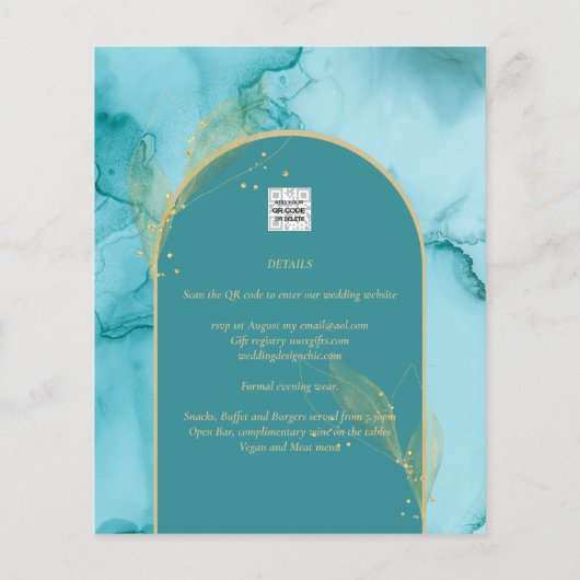 INK Abstract Turquoise Blauwgroen Gold Wedding INV (Achterkant)
