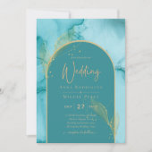 INK Abstract Turquoise Blauwgroen Gold Wedding INV Kaart (Voorkant)
