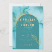 INK Abstract Turquoise Blauwgroen Gold Wedding INV Kaart (Voorkant)