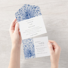 Ink Blue Classy  Waterverf Peacock Wedding All In One Uitnodiging
