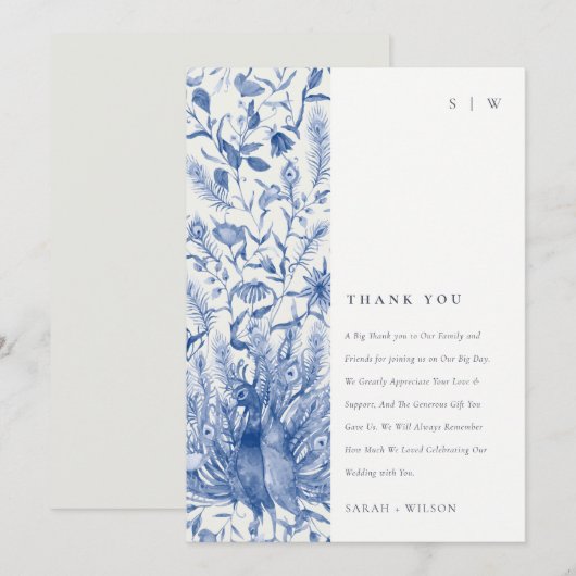 Ink Blue Classy  Waterverf Peacock Wedding Bedankkaart (Voorkant / Achterkant)
