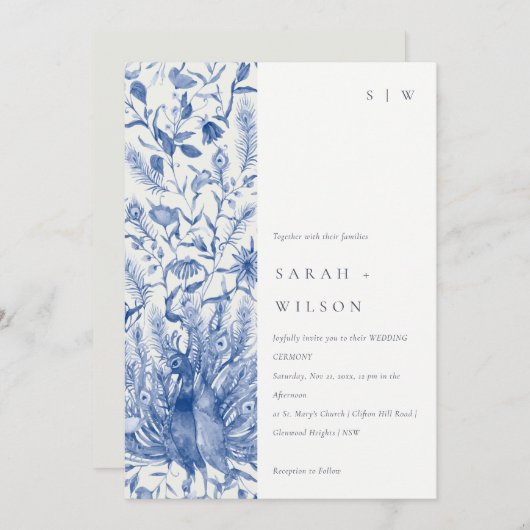 Ink Blue Classy  Waterverf Peacock Wedding Kaart (Voorkant / Achterkant)