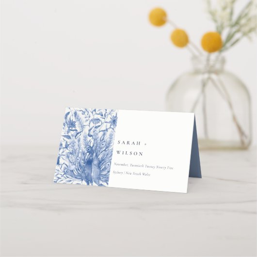 Ink Blue Classy  Waterverf Peacock Wedding Plaatskaartje (Voorkant)