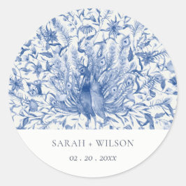Ink Blue Classy  Waterverf Peacock Wedding Ronde Sticker