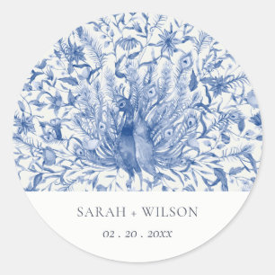 Ink Blue Classy  Waterverf Peacock Wedding Ronde Sticker