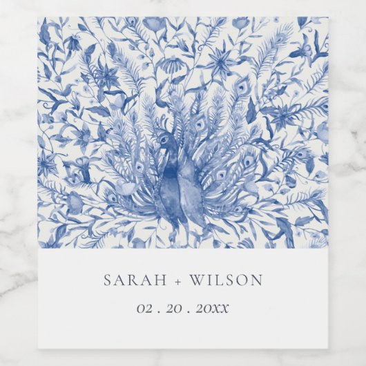 Ink Blue Classy  Waterverf Peacock Wedding Wijn Etiket (Enkel label)