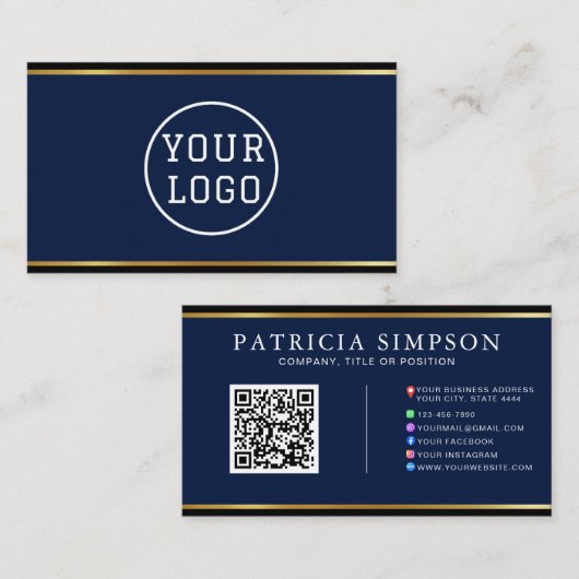 Ink Blue & Gold Edge Modern QR Code Template Visitekaartje (Voorkant / Achterkant)