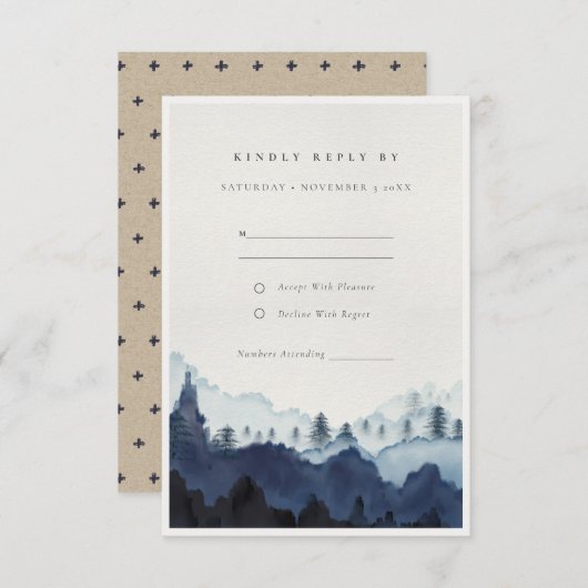Ink Blue Navy Pine Bossen Mountain Weddenschap RSV Informatiekaartje (Voorkant / Achterkant)