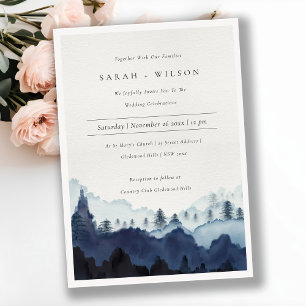 Ink Blue Navy Pine Bossen Mountain Wedding Invite Bedankkaart