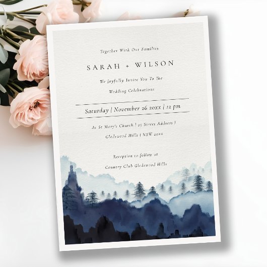 Ink Blue Navy Pine Bossen Mountain Wedding Invite Bedankkaart