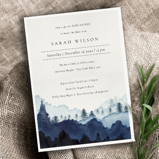 Ink Blue Pine Bossen Mountain Baby shower Invite Bedankkaart