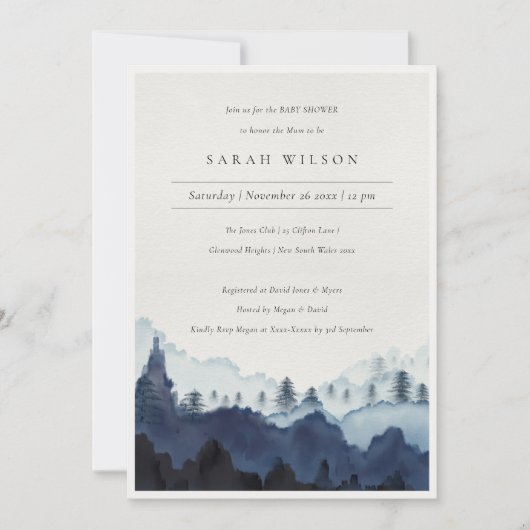 Ink Blue Pine Bossen Mountain Baby shower Invite Bedankkaart (Voorkant)