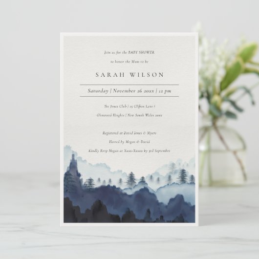 Ink Blue Pine Bossen Mountain Baby shower Invite Bedankkaart (Staand voorkant)