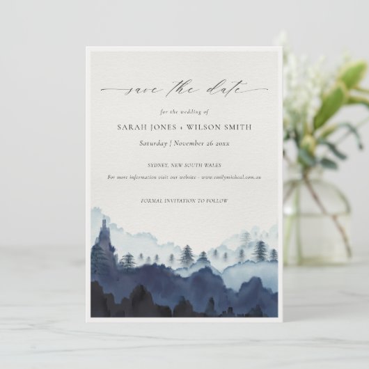 Ink Blue Pine Bossen Mountain Save the Date Kaart (Staand voorkant)