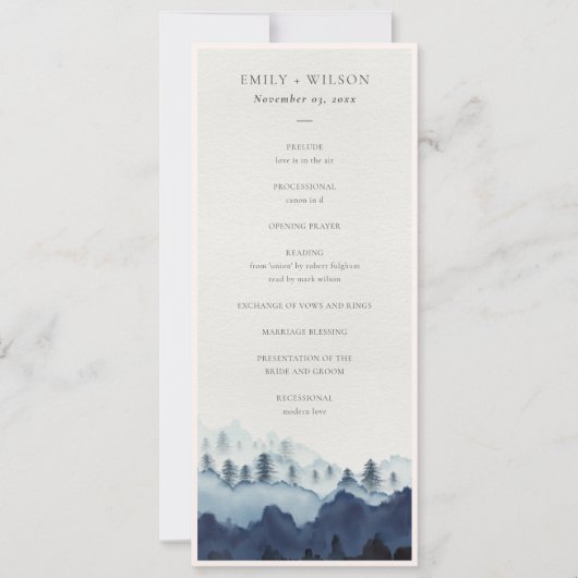 Ink Blue Pine Mountain Wedding Ceremony Program Kaart (Voorkant)
