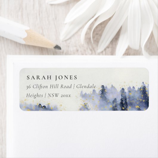 INK BLUE WATERVERF LANDSCAPE TREE FOLIAGE ADRES ETIKET (Insitu)