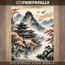 Ink drawing Japanese Pagoda on autumn lake -  Tissuepapier