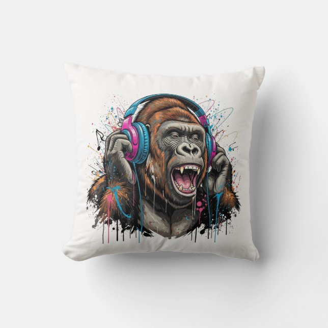 Ink Flow Beats: Gepersonaliseerde Gorilla Hoofdtel Kussen (Voorkant)