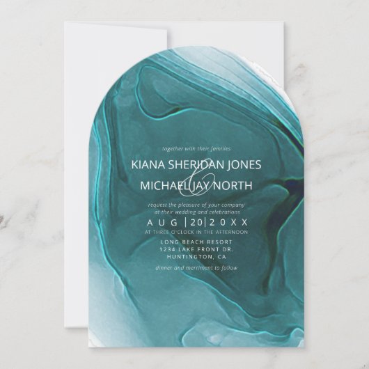 Ink Flow Wedding Blauwgroen Arch ID762 Uitnodiging (Voorkant)