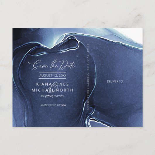 Ink Flow Wedding Save the Date Blue ID762 Aankondigingskaart (Achterkant)
