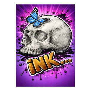INK… met de hand getekende schedel met vlinder Foto Afdruk