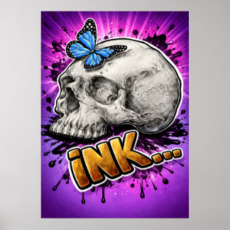 INK… met de hand getekende schedel met vlinder Poster