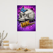 INK… met de hand getekende schedel met vlinder Poster (Keuken)