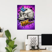 INK… met de hand getekende schedel met vlinder Poster (Thuiskantoor)