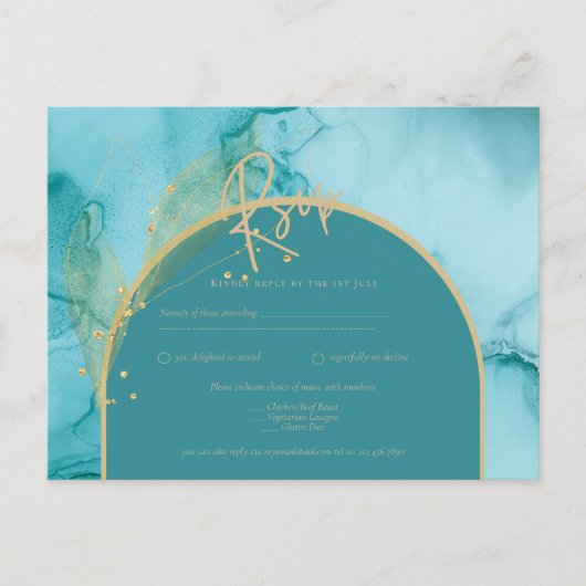 INK Oceaan Turquoise Goud Trouw RSVP Briefkaart (Voorkant)