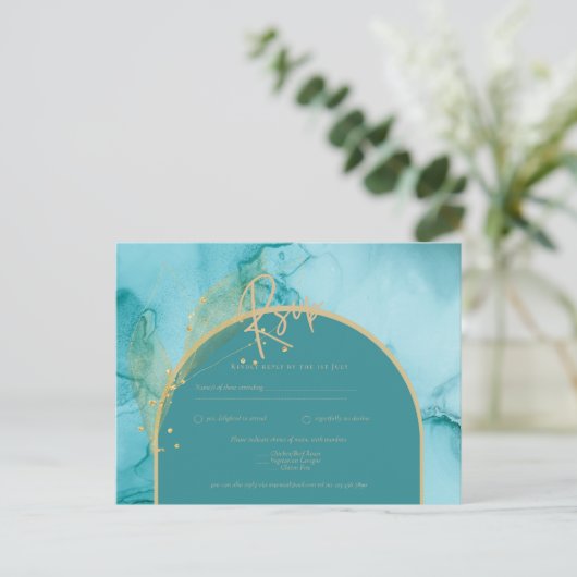 INK Oceaan Turquoise Goud Trouw RSVP Briefkaart (Staand voorkant)