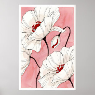 Ink Papaver Bloem Kunstprint Fijne Lijnen met Poster