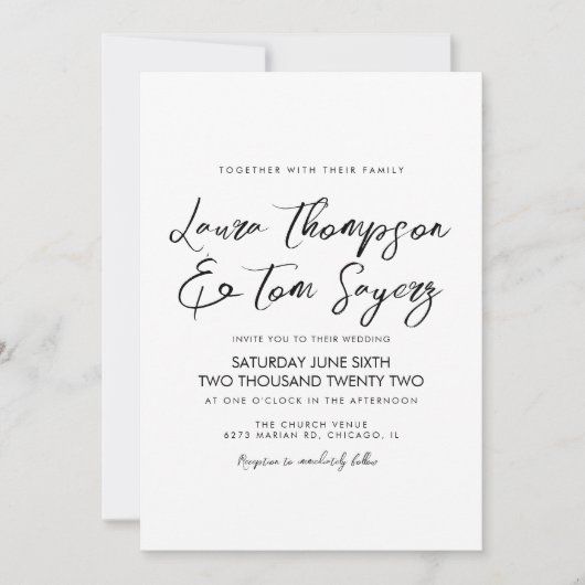 Ink Script Black White Modern Wedding Invitation Kaart (Voorkant)