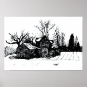Ink Sketch Old Boerderij Winter Scene Poster (Voorkant)