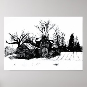 Ink Sketch Old Boerderij Winter Scene Poster