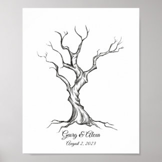 Ink Sketch Tree Bruiloft Vingerafdruk Gastenboek Poster