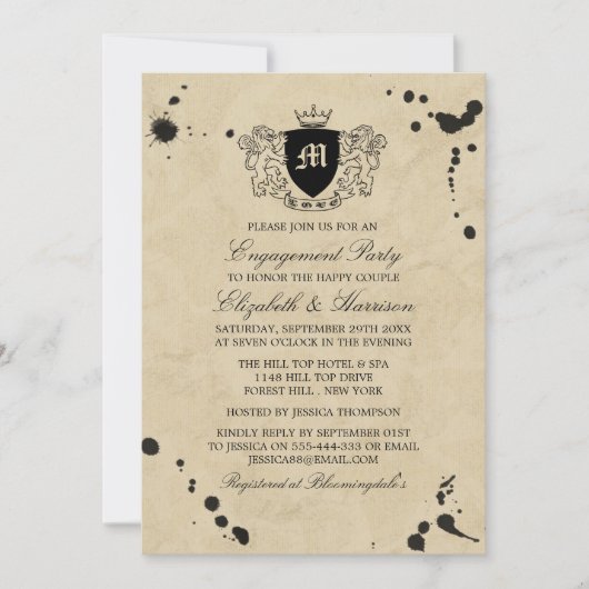 Ink Stain Monogram Crest Engagement Party Kaart (Voorkant)