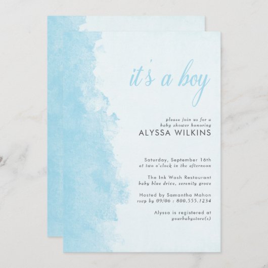 Ink Wash Waterverf textuur Het is een Boy Baby sho Kaart (Voorkant / Achterkant)