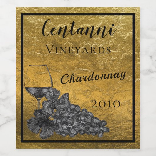 Ink Wine Glass Graps Gold Background Wijn Etiket (Enkel label)