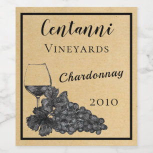 Ink Wine Glass Graps Old Paper Background Wijn Etiket