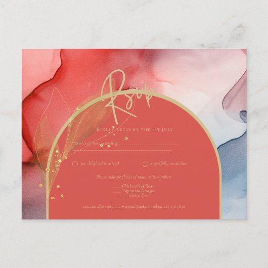 Inkt Abstract Rode Koraal Marine Goud Trouw RSVP Briefkaart (Voorkant)