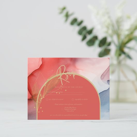 Inkt Abstract Rode Koraal Marine Goud Trouw RSVP Briefkaart (Staand voorkant)