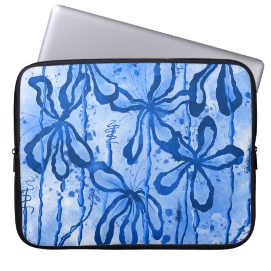 Inkt Bloemen Blauw Laptop Sleeve (Voorkant)