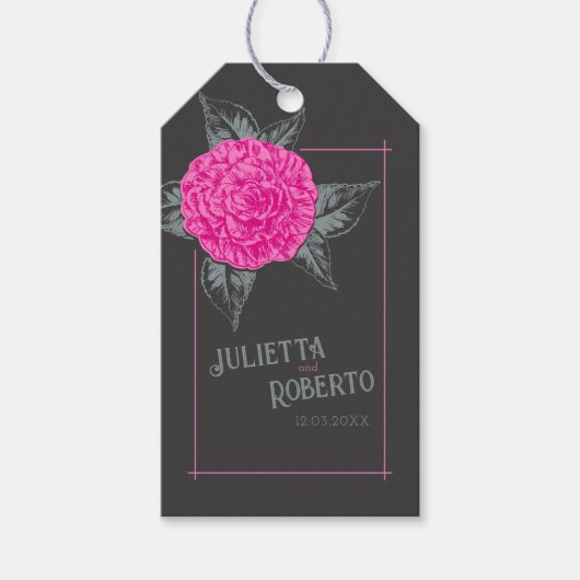 Inkt camellia bruiloft roze grijs bruin cadeaulabel (Voorkant)