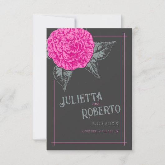 Inkt camellia bruiloft roze grijs bruin RSVP kaartje (Voorkant)