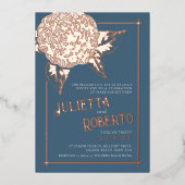 Inkt camellia trouwcrème, blauw grijs, roos goud folie uitnodiging (Voorkant)