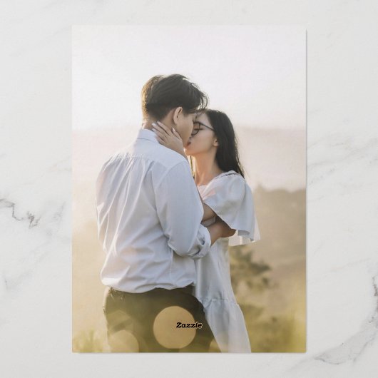 Inkt camellia trouwcrème, blauw grijs, roos goud folie uitnodiging (Achterkant)