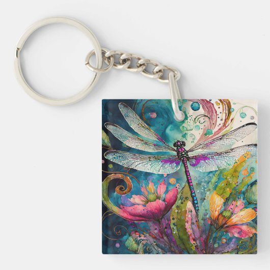 Inkt en Pen Waterverf Dragonfly Acryl Sleutelhanger (voorkant)