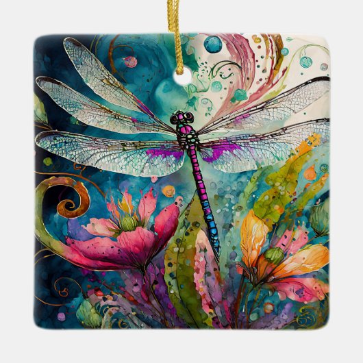 Inkt en Pen Waterverf Dragonfly Keramisch Ornament (Voorkant)